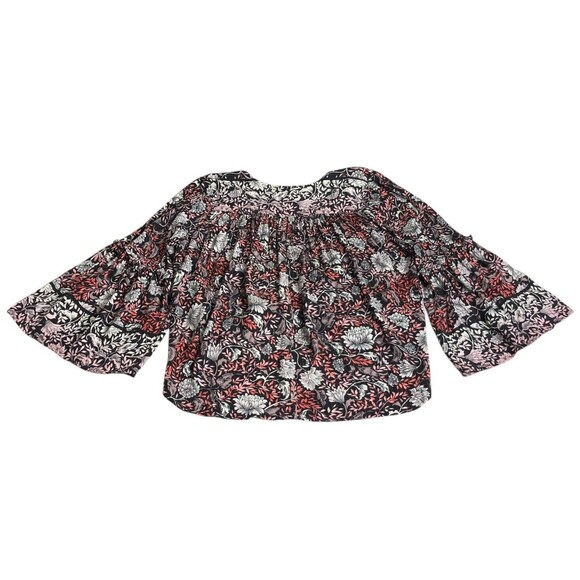 Love Stitch Top Women M Black Floral Metallic Wrap Cross Over Bell Sleeve Boho - Picture 11 of 16